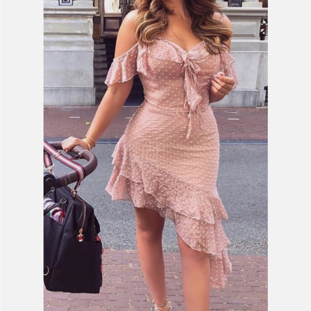Nadine Merabi Ella Polka Dot Ruffled Asymmetrical Short Dress Blush Pink Small